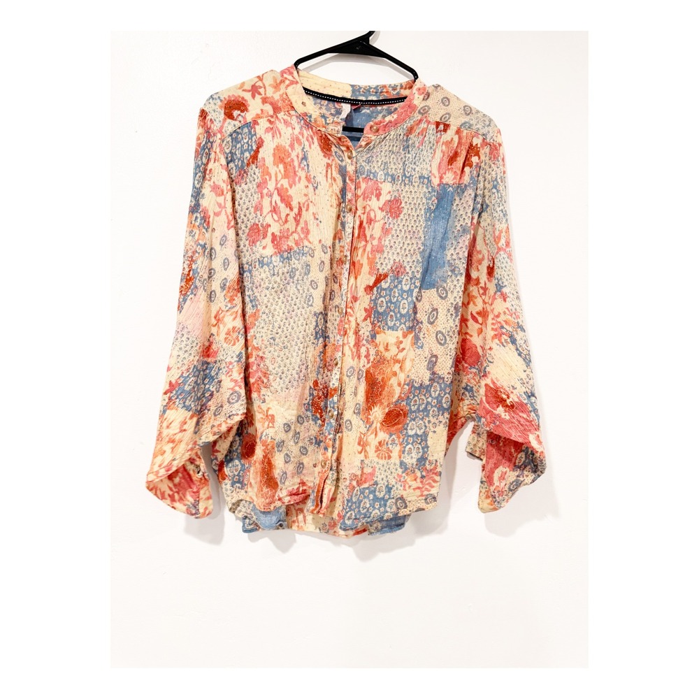 Pilcro Boho Patchwork Floral Dolman Sleeve Button Down Blouse Coral Blue Medium